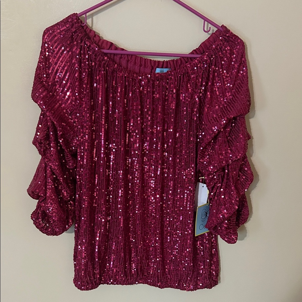 CeCe Pink Sequin Ruffled Blouse 3/4 Sleeve size M NWT